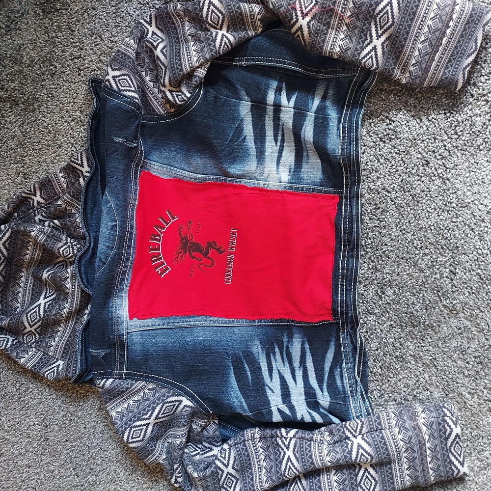 Upcycled Fireball Denim Jacket with Red Panel